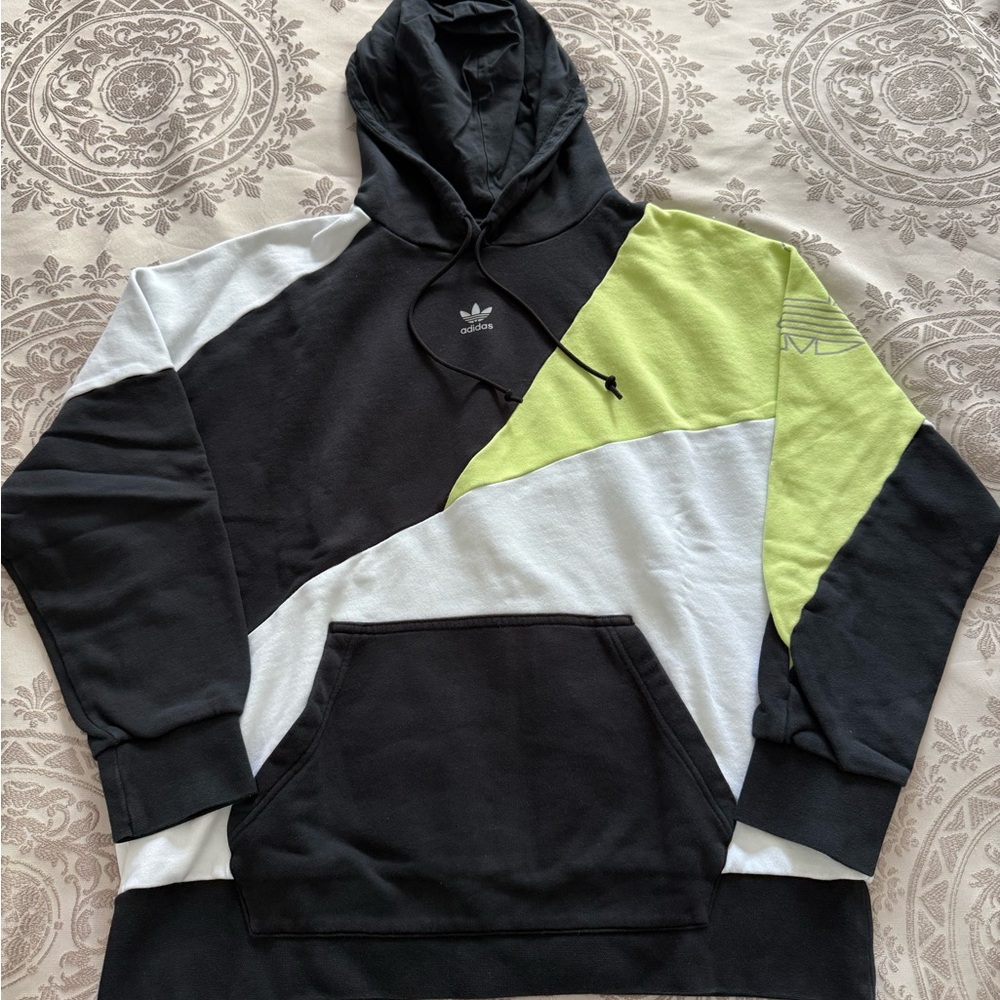 adidas women’s Black White Neon Green Colorblock Hoodie M